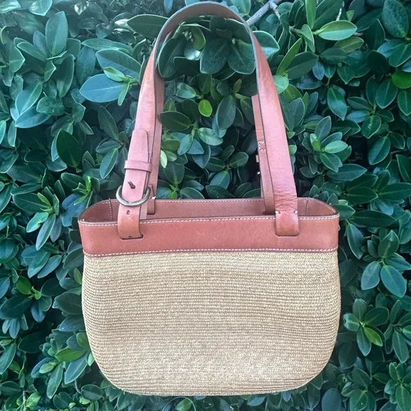 Vintage Dooney & Bourke Brown Leather and Tan woven raffia Women's Bag tote - Picture 3 of 15